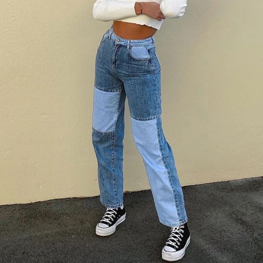 Color Block Patchwork Single Button Jeans - image 1